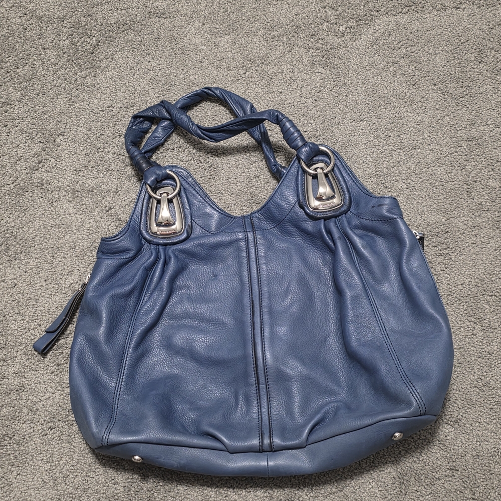 B. Makowsky Blue Leather Hobo Shoulder Bag with silver hardware